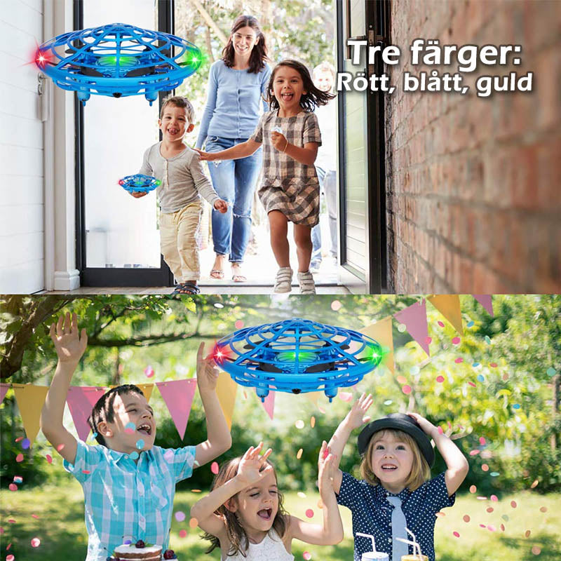 "Interaktiv Mini UFO leksak med färgglada LED-ljus, flygande manövrer och gestkontroll, perfekt för nattlek."
