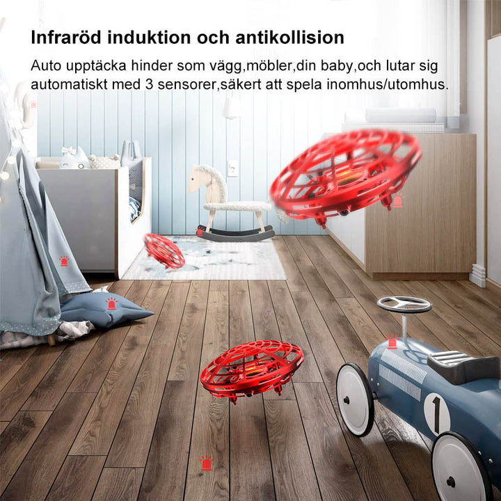 "Interaktiv Mini UFO leksak med färgglada LED-ljus, flygande manövrer och gestkontroll, perfekt för nattlek."