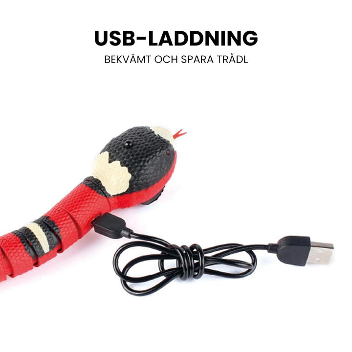 "Interaktiv ormleksak för husdjur, realistisk design med S-form rörelser, smart avkänning och ljuseffekter."
