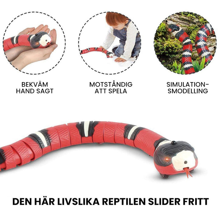 "Interaktiv ormleksak för husdjur, realistisk design med S-form rörelser, smart avkänning och ljuseffekter."