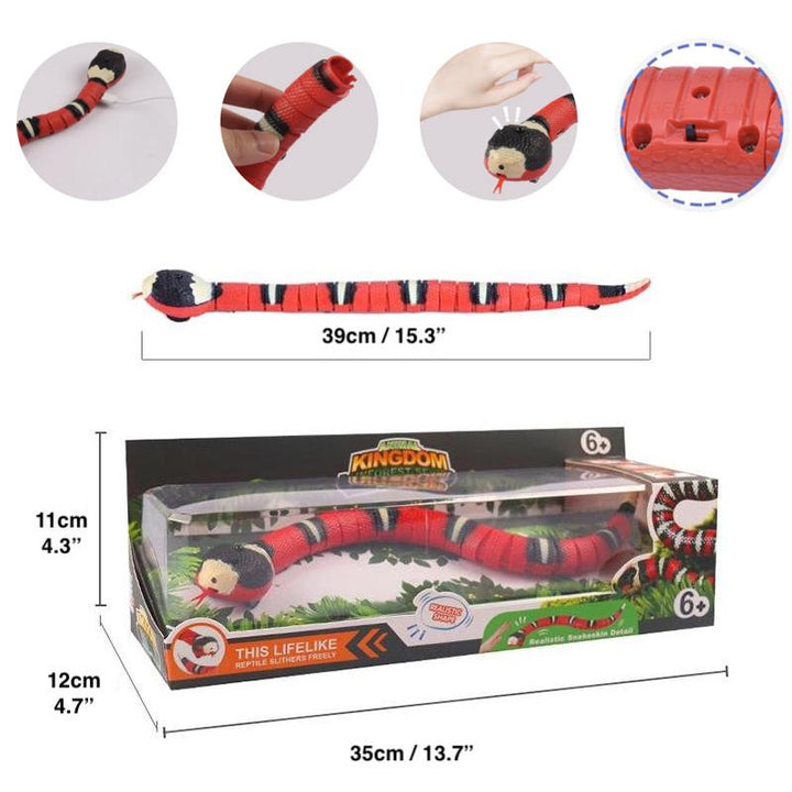 "Interaktiv ormleksak för husdjur, realistisk design med S-form rörelser, smart avkänning och ljuseffekter."