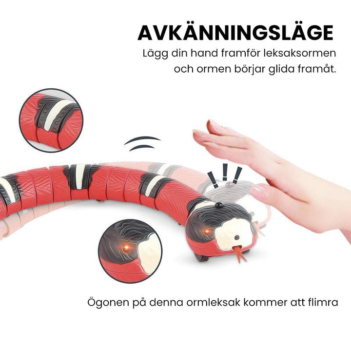 "Interaktiv ormleksak för husdjur, realistisk design med S-form rörelser, smart avkänning och ljuseffekter."