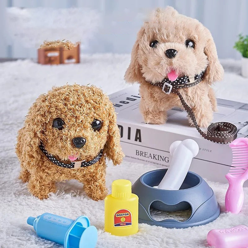 Gående plyschhund i valpmodell. Mjuk, interaktiv barnleksak som uppmuntrar till rörelse.