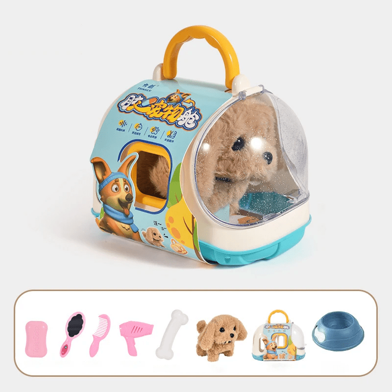 Söt gående plyschhund, idealisk present till barn. Interaktivt mjukdjur för fantasifulla rollspel.