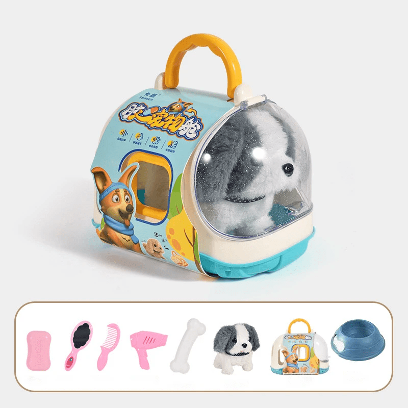Gående plyschhund från sidan, visar dess interaktiva funktion. Mjukt mjukdjur, perfekt som present.