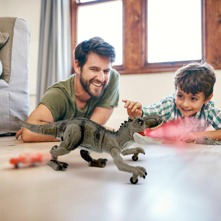 "Interaktiv RC dinosaurie med vattenspray och lysande lampor, realistisk design och fjärrkontroll för spännande lek."