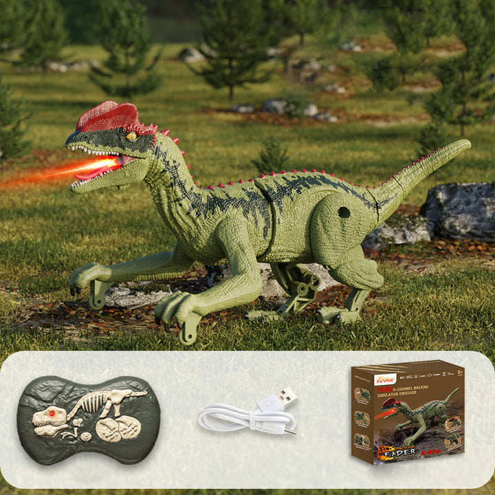 "Interaktiv RC dinosaurie med vattenspray och lysande lampor, realistisk design och fjärrkontroll för spännande lek."