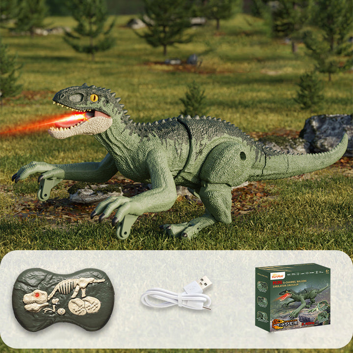"Interaktiv RC dinosaurie med vattenspray och lysande lampor, realistisk design och fjärrkontroll för spännande lek."