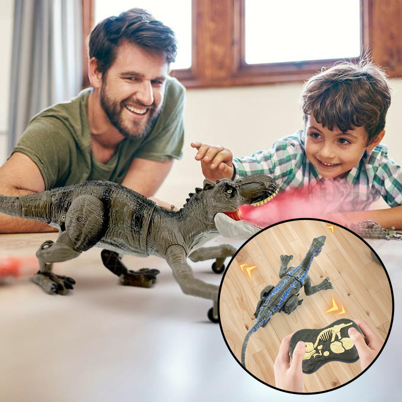 "Interaktiv RC dinosaurie med vattenspray och lysande lampor, realistisk design och fjärrkontroll för spännande lek."