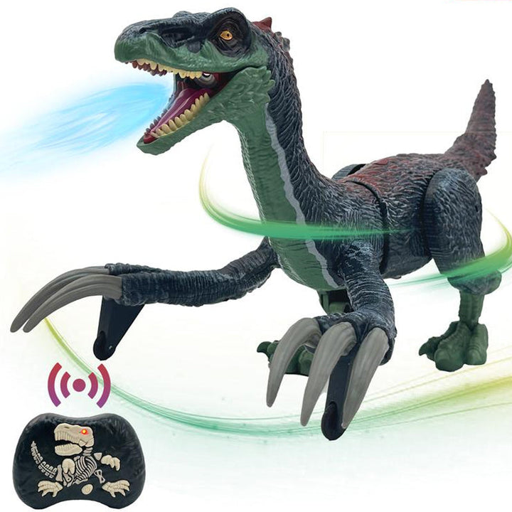 "Interaktiv RC dinosaurie med vattenspray och lysande lampor, realistisk design och fjärrkontroll för spännande lek."