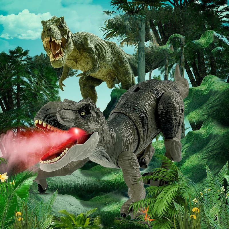 "Interaktiv RC dinosaurie med vattenspray och lysande lampor, realistisk design och fjärrkontroll för spännande lek."
