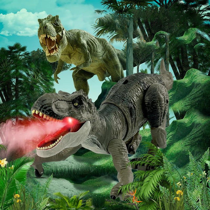 "Interaktiv RC dinosaurie med vattenspray och lysande lampor, realistisk design och fjärrkontroll för spännande lek."