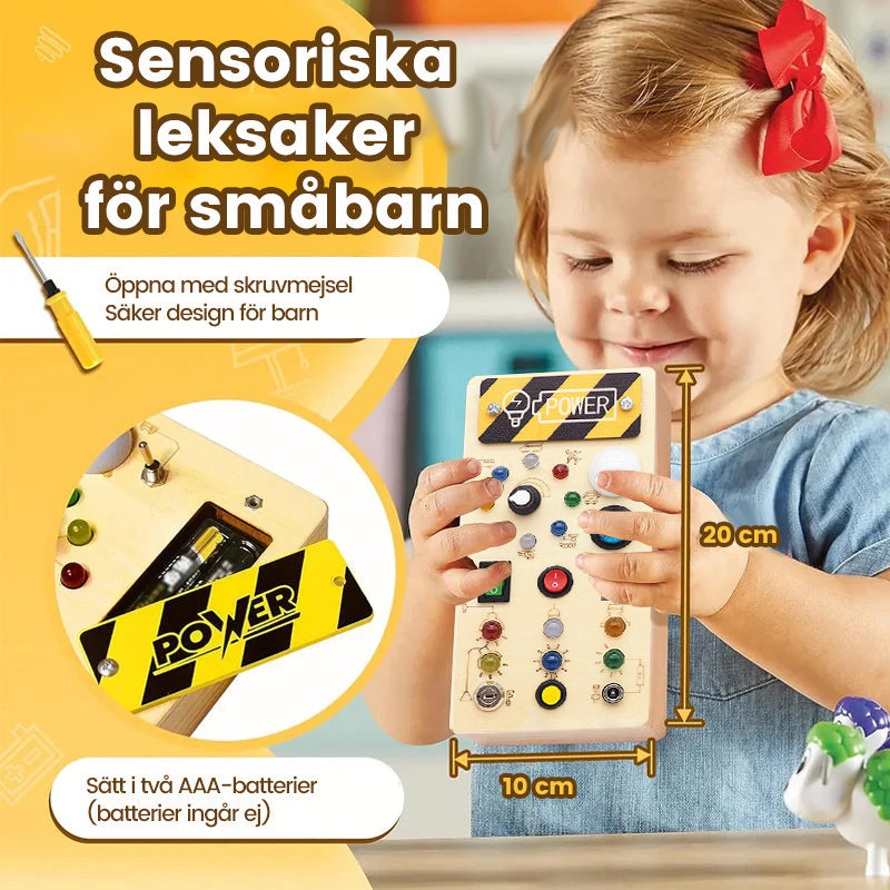 "Interaktiv sysselsättningsbräda för småbarn med färgglada LED-lampor och aktiviteter av naturligt trä för kreativ lek."
