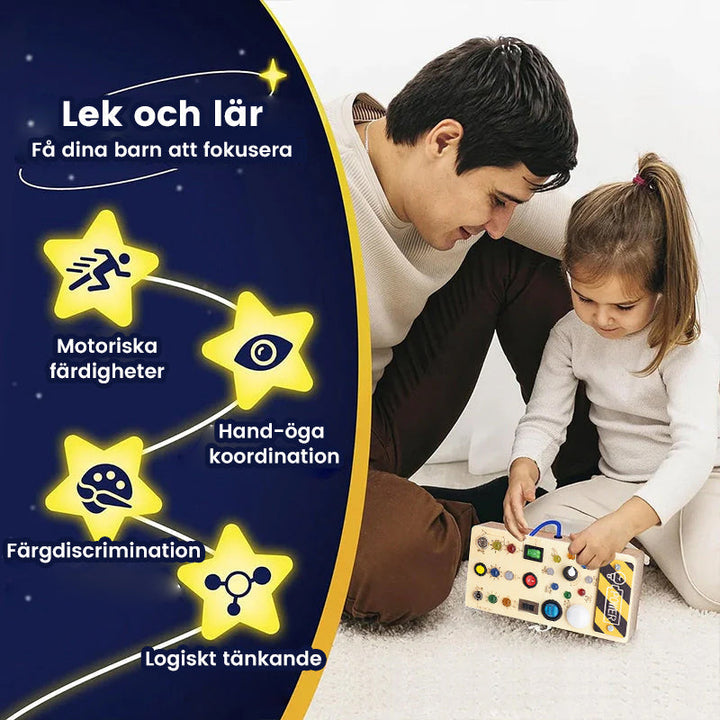 "Interaktiv sysselsättningsbräda för småbarn med färgglada LED-lampor och aktiviteter av naturligt trä för kreativ lek."