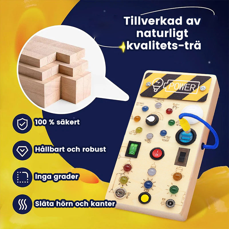 "Interaktiv sysselsättningsbräda för småbarn med färgglada LED-lampor och aktiviteter av naturligt trä för kreativ lek."