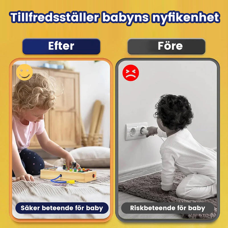 "Interaktiv sysselsättningsbräda för småbarn med färgglada LED-lampor och aktiviteter av naturligt trä för kreativ lek."