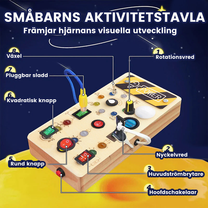 "Interaktiv sysselsättningsbräda för småbarn med färgglada LED-lampor och aktiviteter av naturligt trä för kreativ lek."