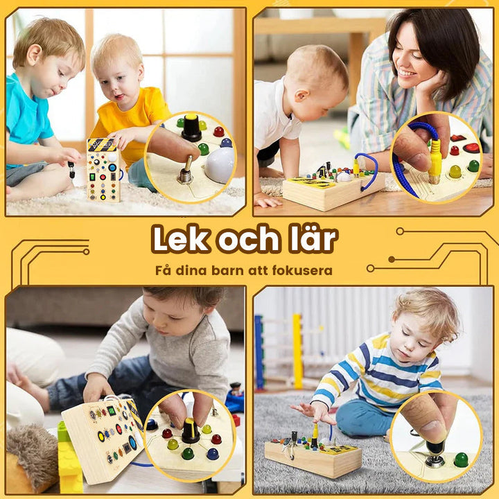 "Interaktiv sysselsättningsbräda för småbarn med färgglada LED-lampor och aktiviteter av naturligt trä för kreativ lek."