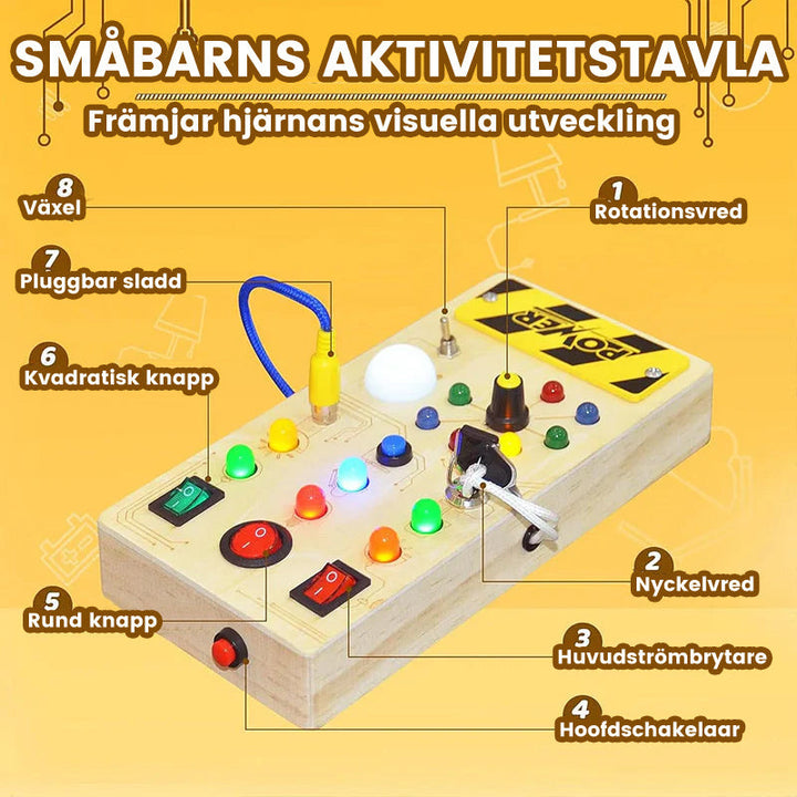 "Interaktiv sysselsättningsbräda för småbarn med färgglada LED-lampor och aktiviteter av naturligt trä för kreativ lek."