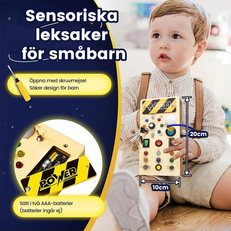 "Interaktiv sysselsättningsbräda för småbarn med färgglada LED-lampor och aktiviteter av naturligt trä för kreativ lek."