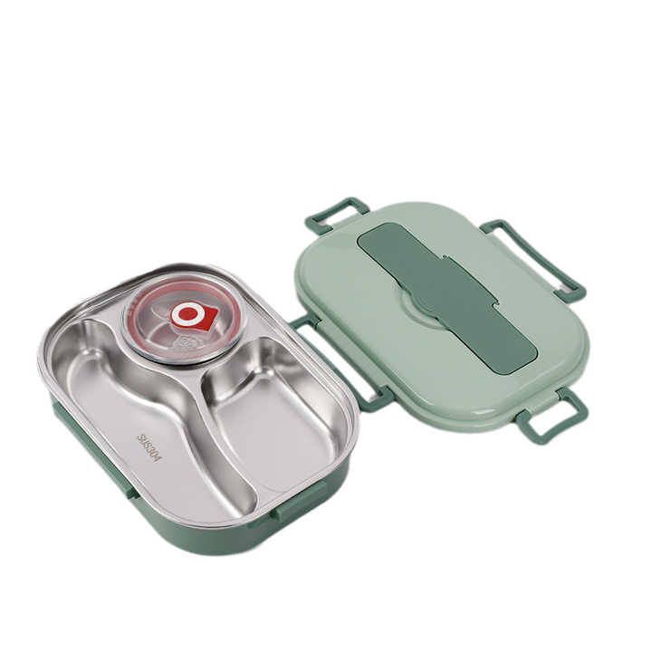 "Isolerad Bentobox i rostfritt stål med fyra fack för hållbar matförvaring. Smidig design i färgglada alternativ."