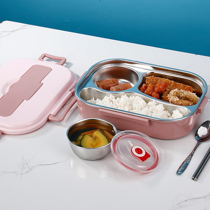 "Isolerad Bentobox i rostfritt stål med fyra fack för hållbar matförvaring. Smidig design i färgglada alternativ."