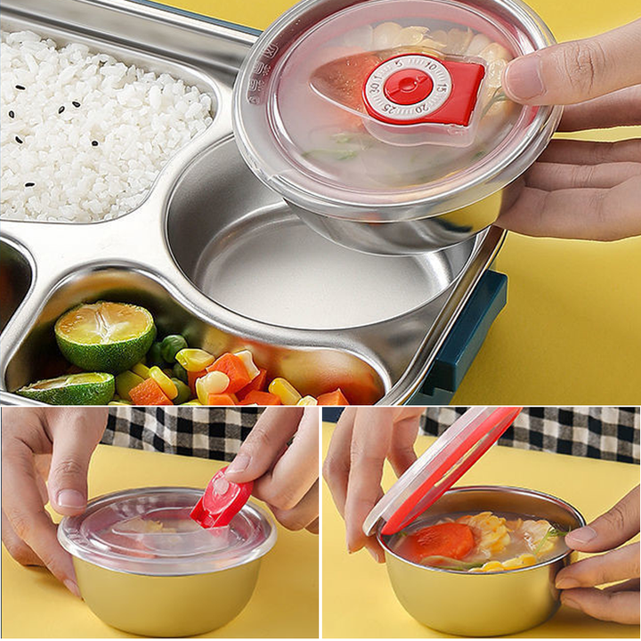 "Isolerad Bentobox i rostfritt stål med fyra fack för hållbar matförvaring. Smidig design i färgglada alternativ."
