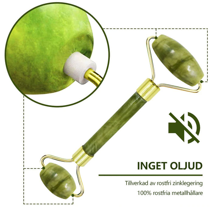"Jade roller och gua sha av grön jade för ansiktsmassage, främjar hälsosam hud med naturlig lyster och anti-aging egenskaper.