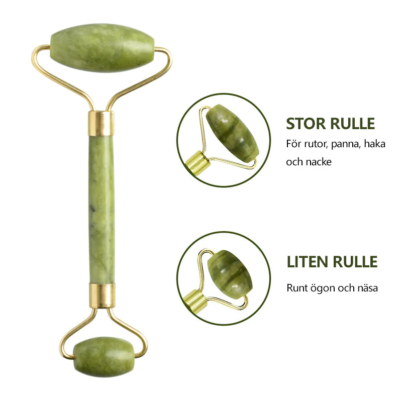 "Jade roller och gua sha av grön jade för ansiktsmassage, främjar hälsosam hud med naturlig lyster och anti-aging egenskaper.