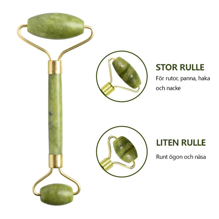 "Jade roller och gua sha av grön jade för ansiktsmassage, främjar hälsosam hud med naturlig lyster och anti-aging egenskaper.