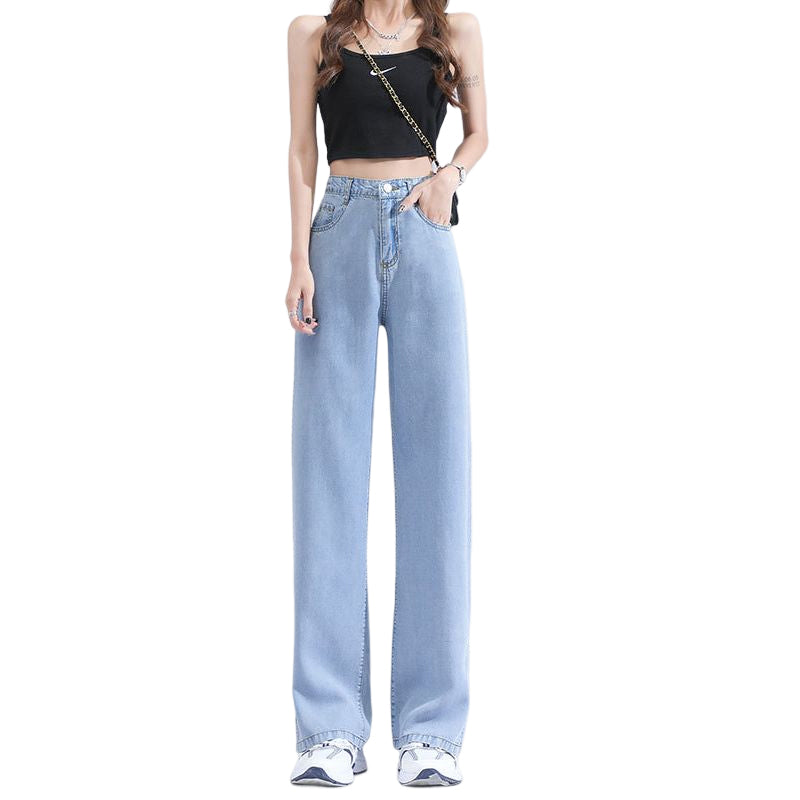 "Jeans med vida ben för kvinnor i blått lyocellmaterial med hög midja och raka ben, ger en smickrande och bekväm stil."