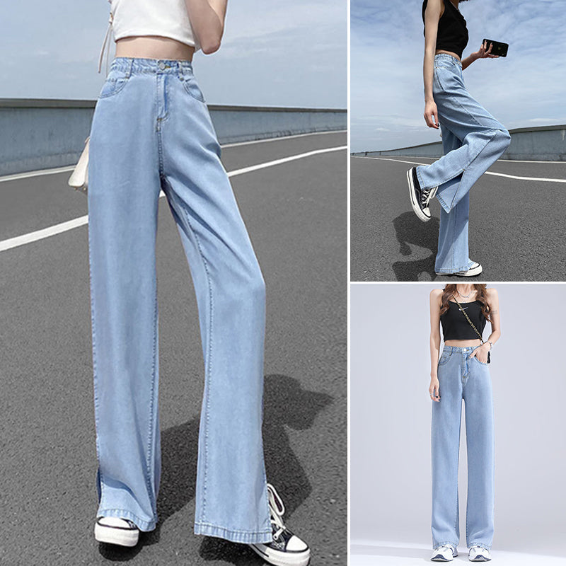 "Jeans med vida ben för kvinnor i blått lyocellmaterial med hög midja och raka ben, ger en smickrande och bekväm stil."