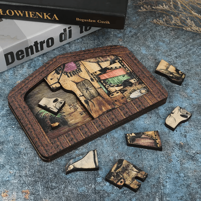 "Jesus träpussel med detaljerad träbränd design, perfekt som dekorativt minnesspel för barn och vuxna under julen."