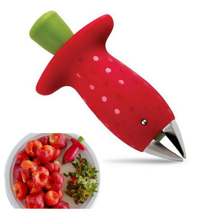 "Jordgubbsformad frukturkärnare; röd design, ABS+rostfritt stål, köksverktyg för att enkelt ta bort stjälkar och kärnor."