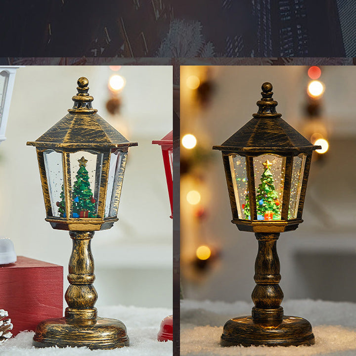 "Jul hexagonal vattenlykta med magisk snöeffekt, hexagonformad, 3D-resininteriör för festlig julstämning och dekoration."