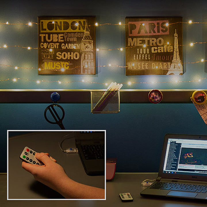 "Jul ljusslinga med koppartråd, USB-kontroll och stjärndice effekter, perfekt för vinterdekoration och feststämning."