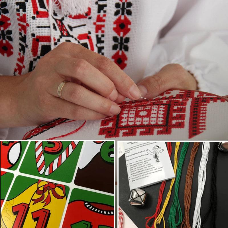 "Juladventskalender broderikit med festligt mönster och träram, perfekt för att skapa minnesrika helgdagar."