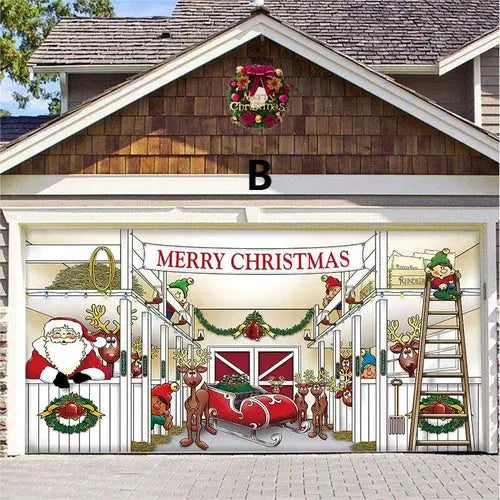 Festligt julpynt till garageport med jultomte motiv, utomhusdekoration i vinterlandstil.