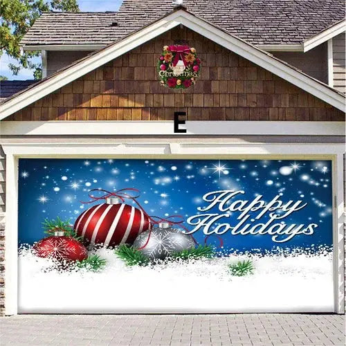 Lättmonterad utomhusdekoration: garageport med lekande jultomte och renar, polyester.