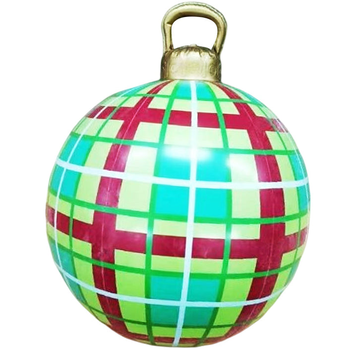 "Juldekoration uppblåsbar utomhusboll i PVC, 60 cm, röd och vit med stjärnmönster, perfekt för julstämning i trädgården."