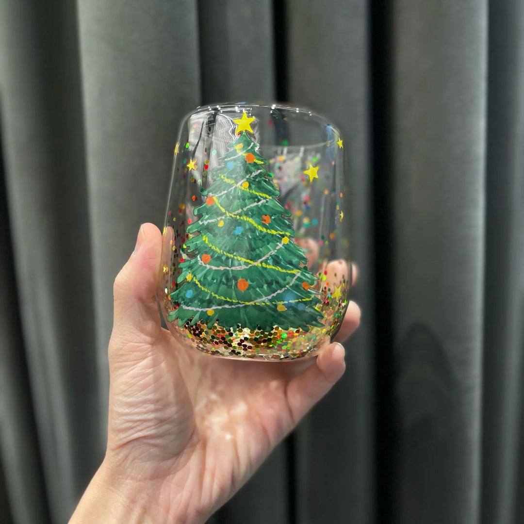 "Julgran Tumbler med flytande glitter, glas formad som en julgran, perfekt för julstämning, dubbelväggig isolering."