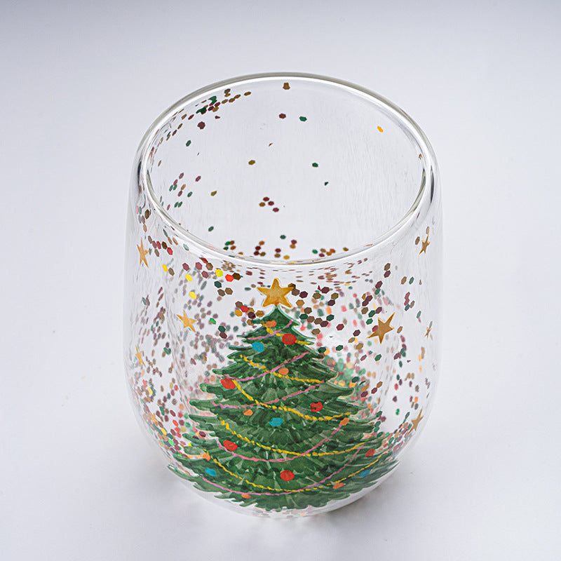 "Julgran Tumbler med flytande glitter, glas formad som en julgran, perfekt för julstämning, dubbelväggig isolering."