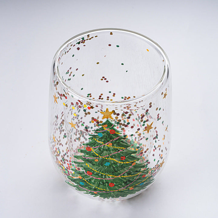 "Julgran Tumbler med flytande glitter, glas formad som en julgran, perfekt för julstämning, dubbelväggig isolering."