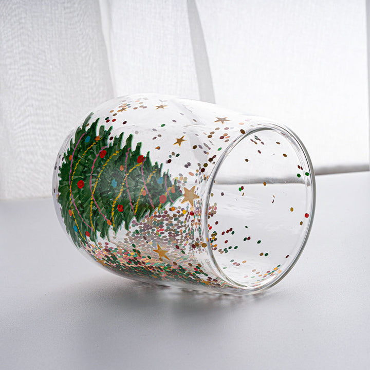 "Julgran Tumbler med flytande glitter, glas formad som en julgran, perfekt för julstämning, dubbelväggig isolering."
