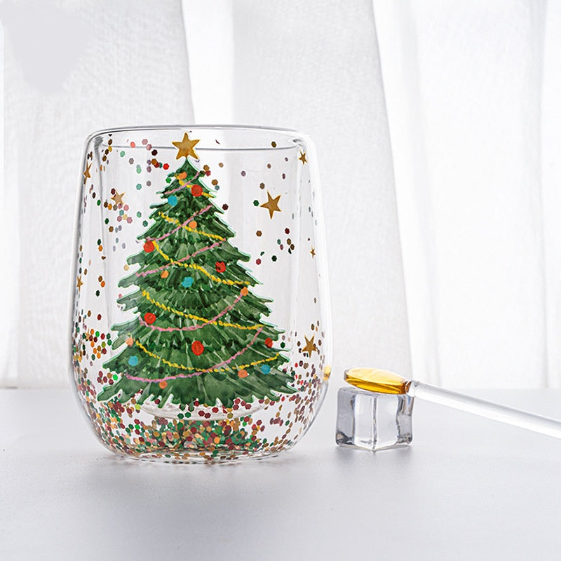 "Julgran Tumbler med flytande glitter, glas formad som en julgran, perfekt för julstämning, dubbelväggig isolering."