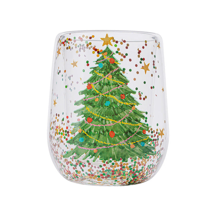 "Julgran Tumbler med flytande glitter, glas formad som en julgran, perfekt för julstämning, dubbelväggig isolering."
