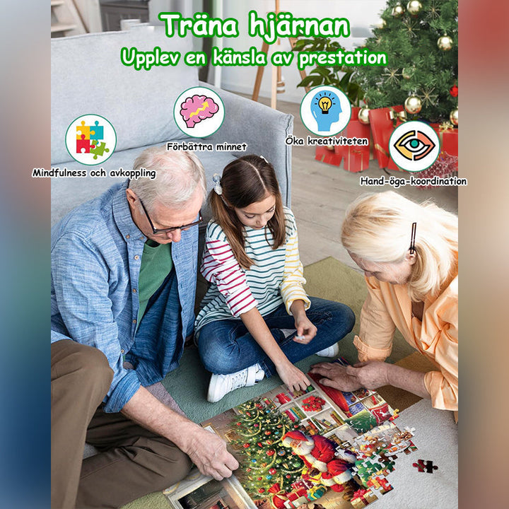 "Julig blindlåda med pussel, jultema med snögubbar och granar, överraskande unik gåva, perfekt för julstämning."