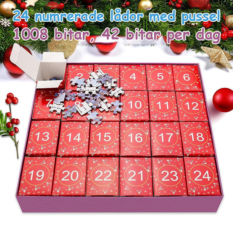 "Julig blindlåda med pussel, jultema med snögubbar och granar, överraskande unik gåva, perfekt för julstämning."