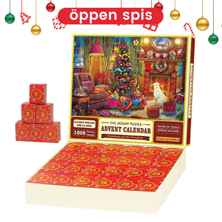 "Julig blindlåda med pussel, jultema med snögubbar och granar, överraskande unik gåva, perfekt för julstämning."