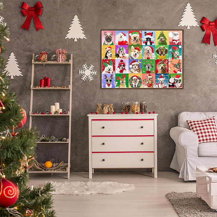 "Julig blindlåda med pussel, jultema med snögubbar och granar, överraskande unik gåva, perfekt för julstämning."